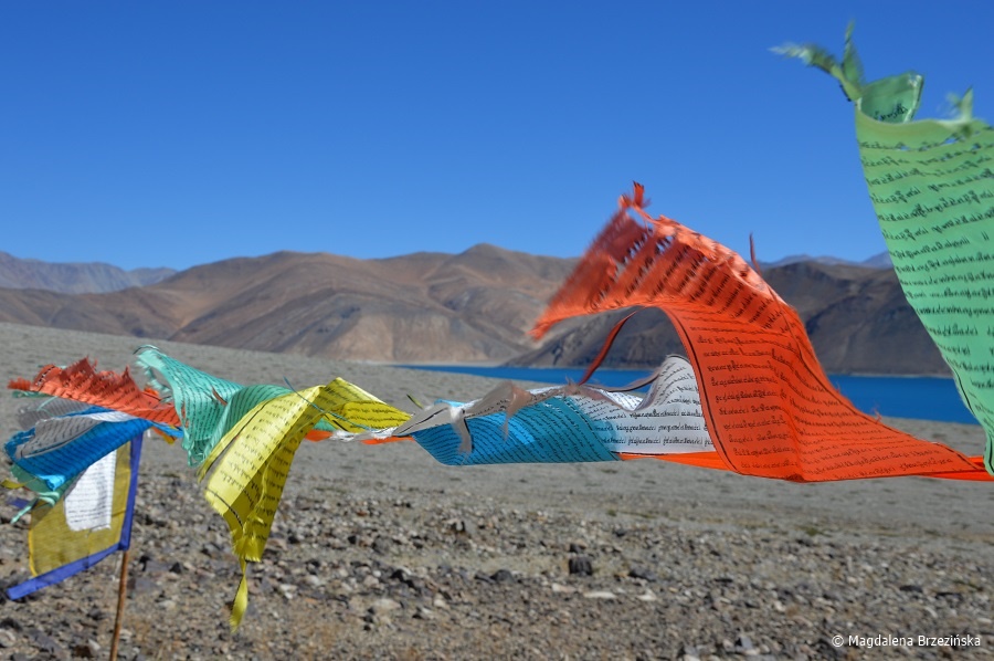 fot. Tybetańskie flagi łopoczące na wietrze © Magdalena Brzezińska, Ladakh, Indie 2016